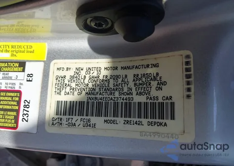 2010 Toyota Corolla Le from USA, damaged, VIN 1NXBU4EE0AZ374493